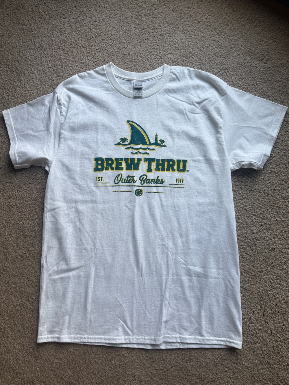 Gildan White T‑Shirt with Green and Yellow Brew Thru Graphic